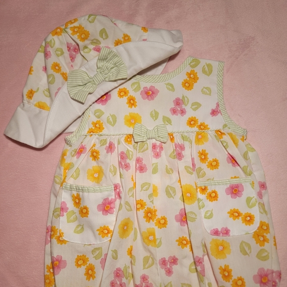 CARTER'S ♡ 2pc Vintage Lime Green 'n White Stripe Trim Bright Floral Romper 3-6M - Picture 3 of 17